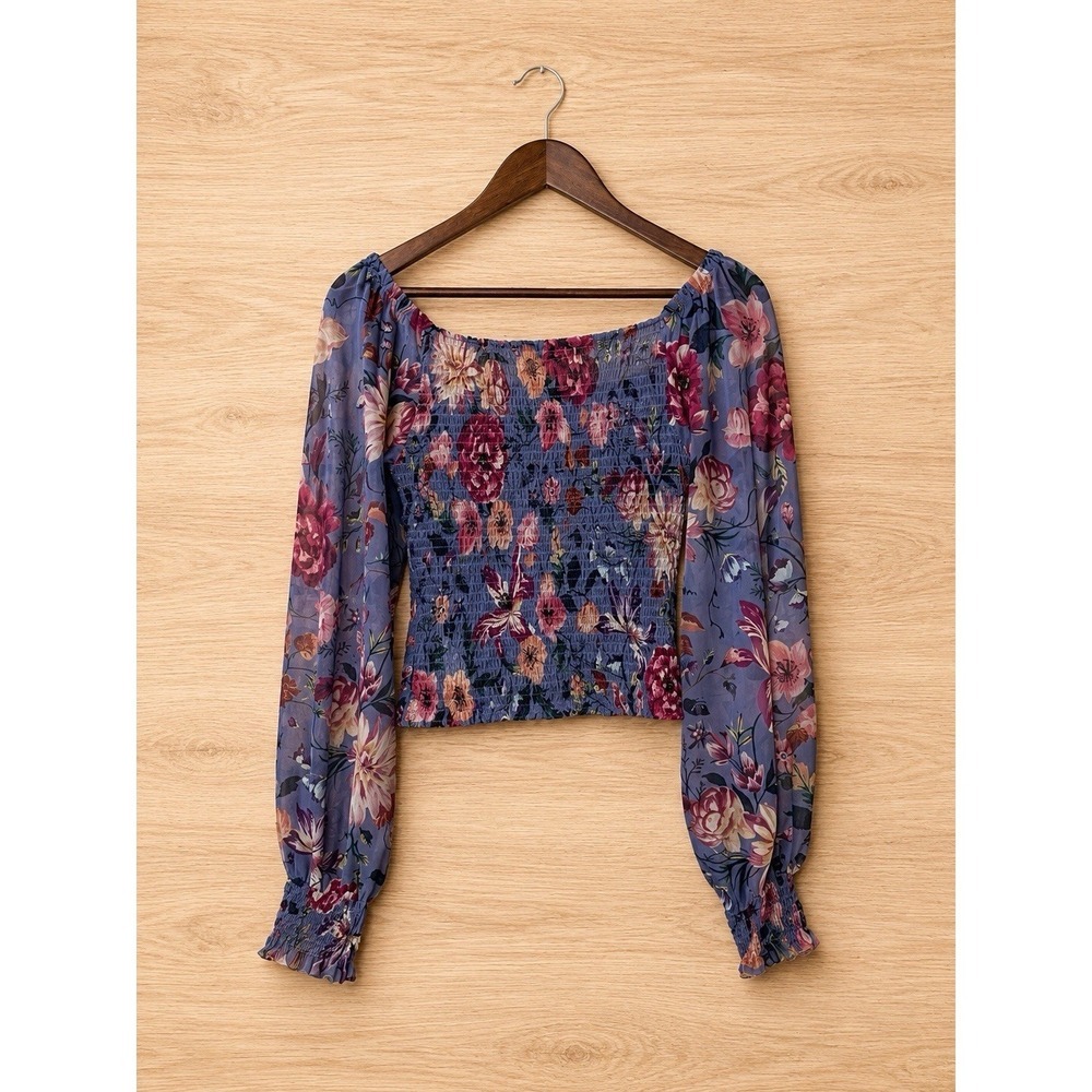Anthropologie Floral Smocked Crop Top Womens XS Purple Long Sleeve Cottagecore - Picture 3 of 7